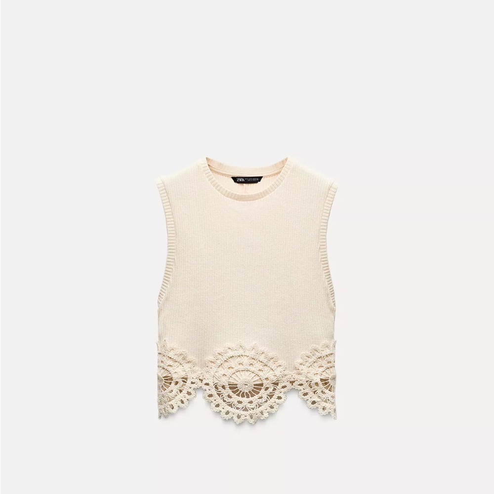 Cream Sleeveless Top with Lace Hem